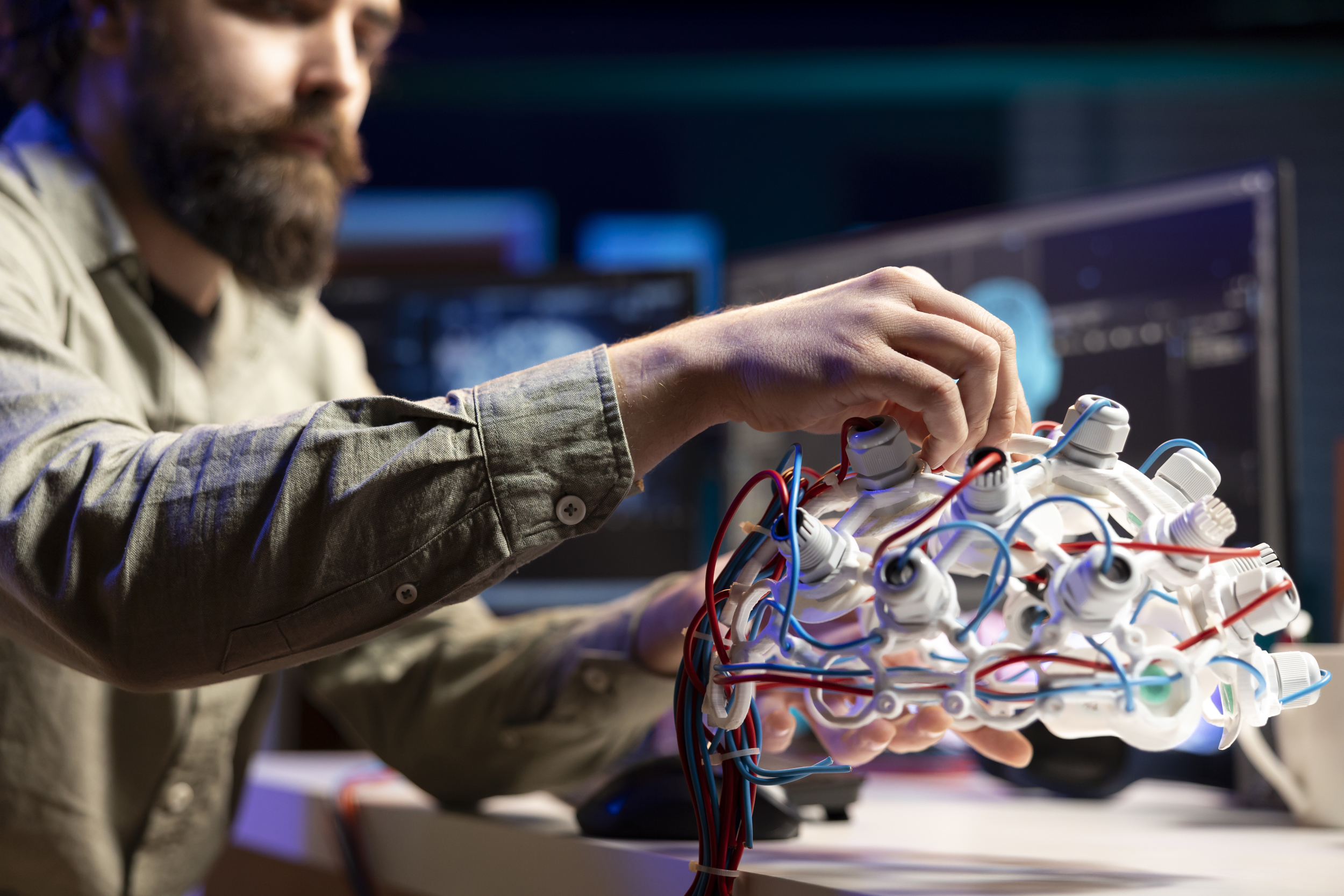 Computer Scientist Installing Electrodes Wires Eeg Headset